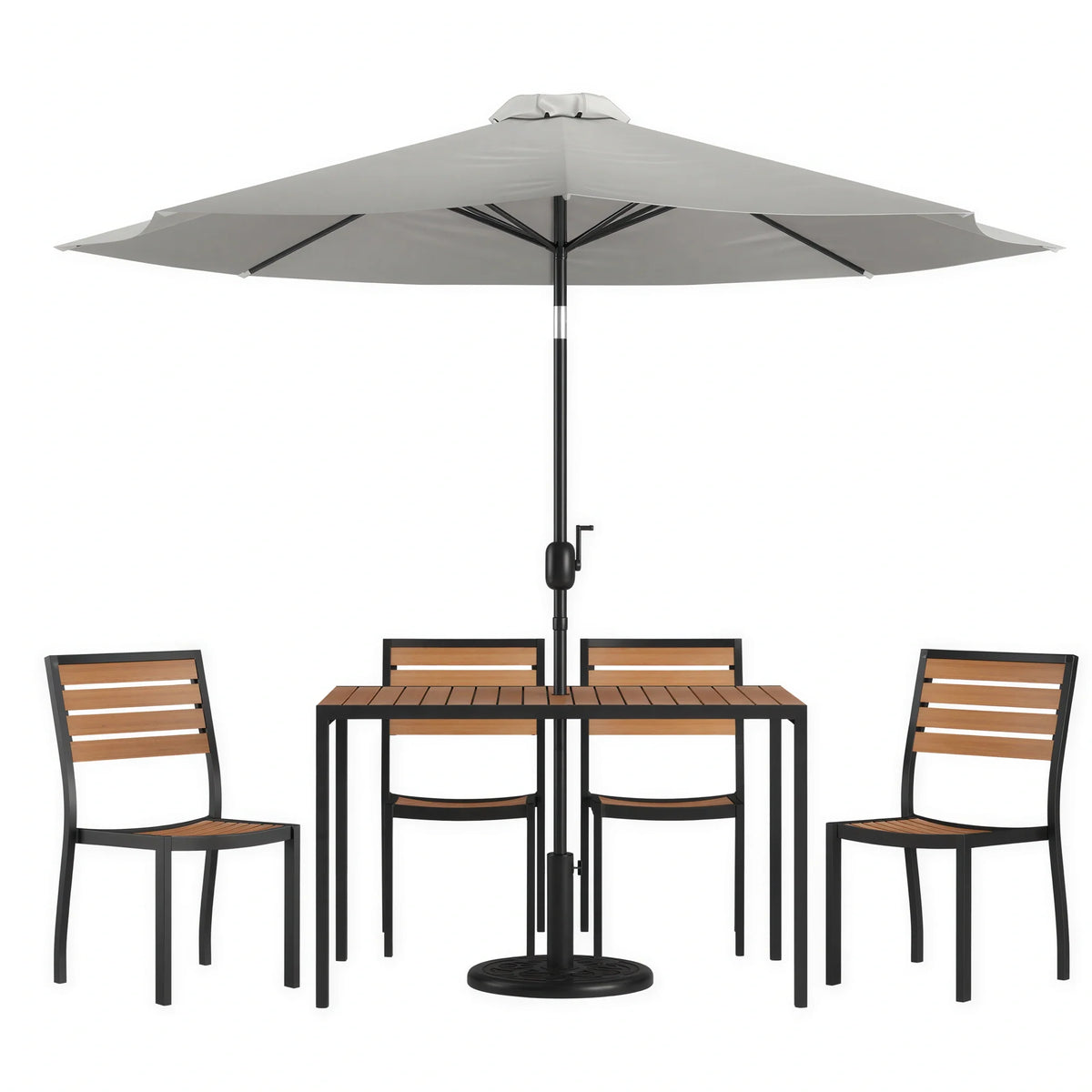 Flash Furniture XU-DG-304860364-UB19BGY-GG Patio Dining Table Set, 48 x 30 in Rectangular Faux Teak Table, Gray Umbrella, 4 Stacking Chairs