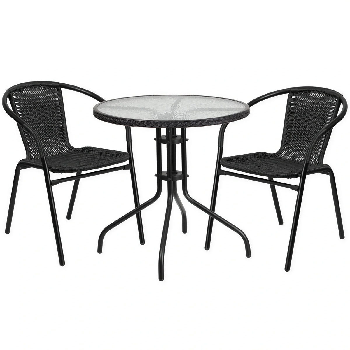 Flash Furniture TLH-087RD-037BK2-GG 28" Round Table Set with 2 Stacking Cafe Armchairs, Black Rattan