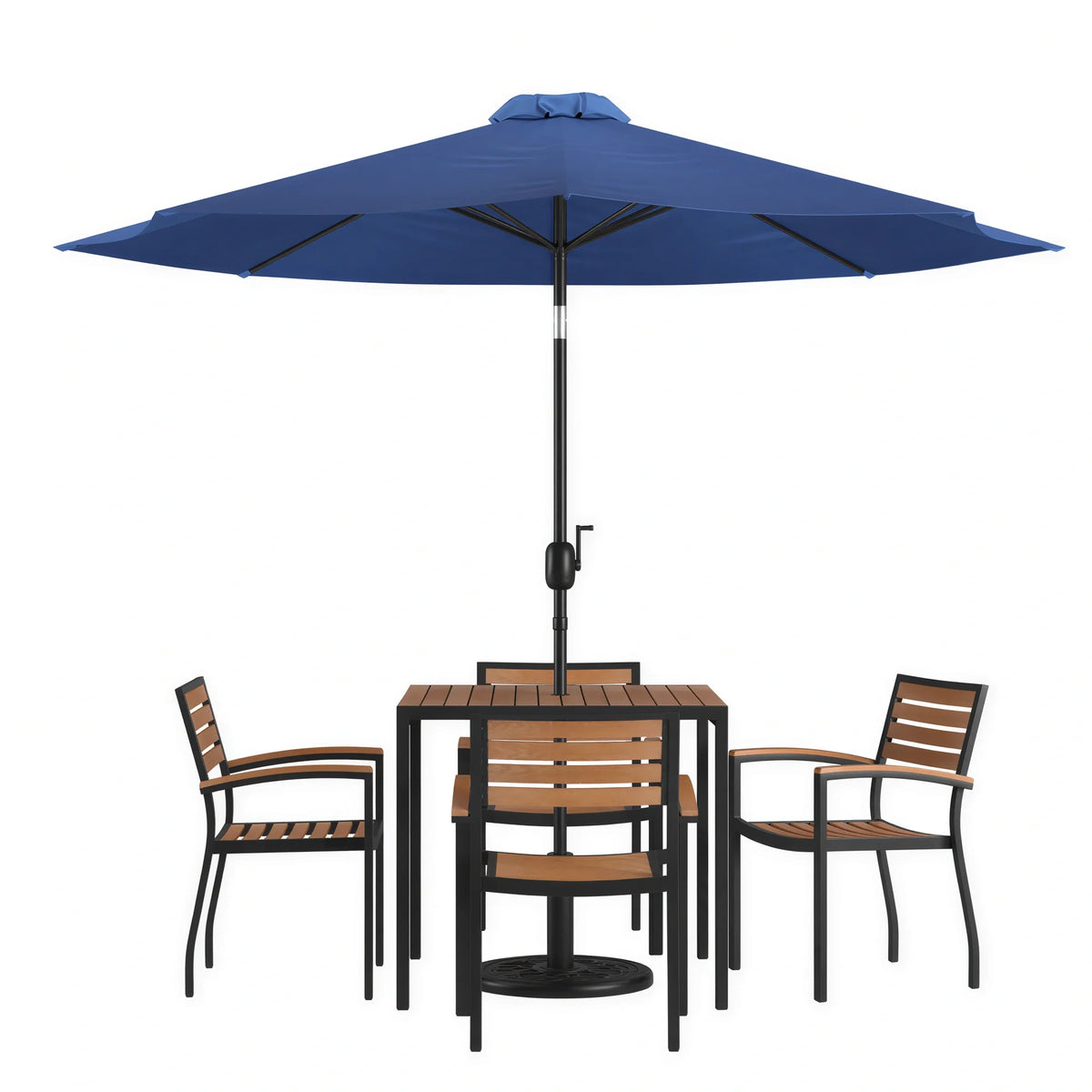 Flash Furniture XU-DG-810060064-UB19BNV-GG 35" Square Patio Dining Table Set with 4 Chairs, Synthetic Teak Top, Navy Umbrella & Base