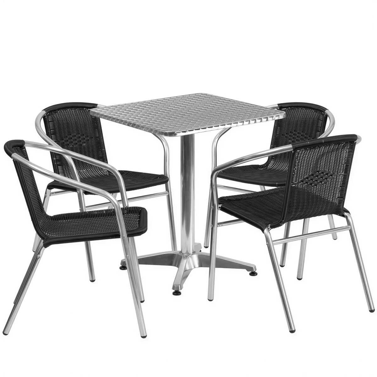 Flash Furniture TLH-ALUM-24SQ-020BKCHR4-GG Square Stainless Steel Table with 4 Black Rattan Stacking Chairs, Aluminum Frames