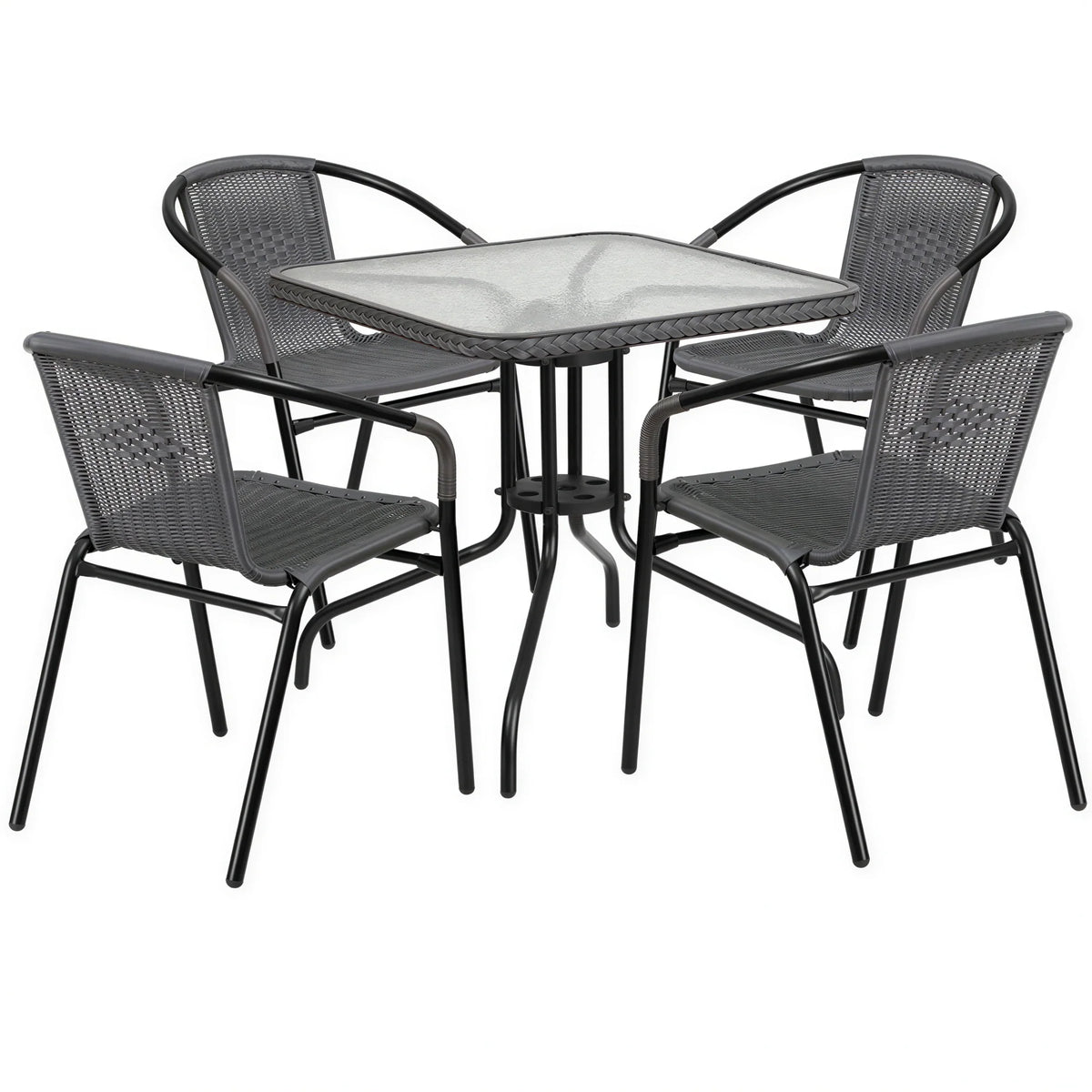 Flash Furniture TLH-073SQ-037GY4-GG 28-Inch Square Glass-Top Table Set with 4 Gray Rattan Armchairs and Black Metal Frames