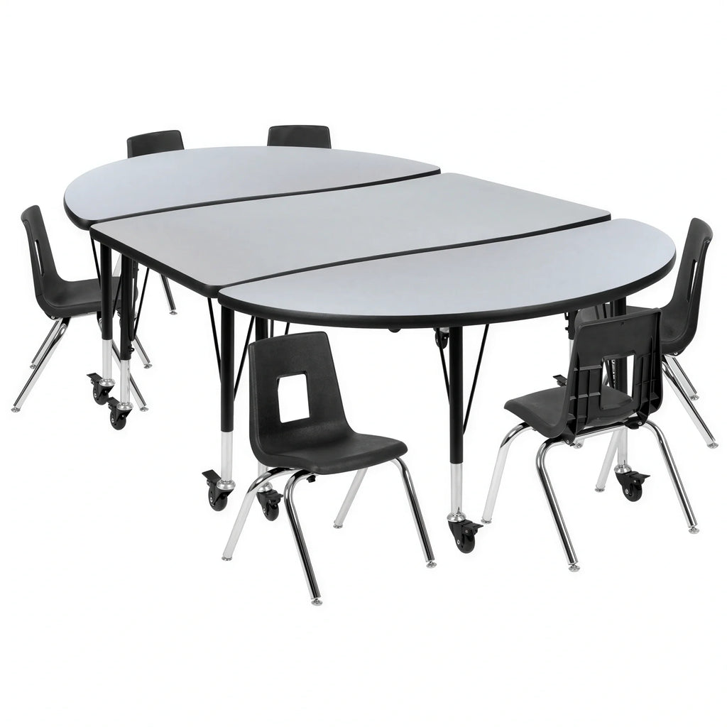 Flash Furniture Emmy XU-GRP-12CH-A3048CON-48-GY-T-P-CAS-GG Oval Activity Table and 6 Stack Chairs, Adjustable Height, Laminate Top, Gray/Black