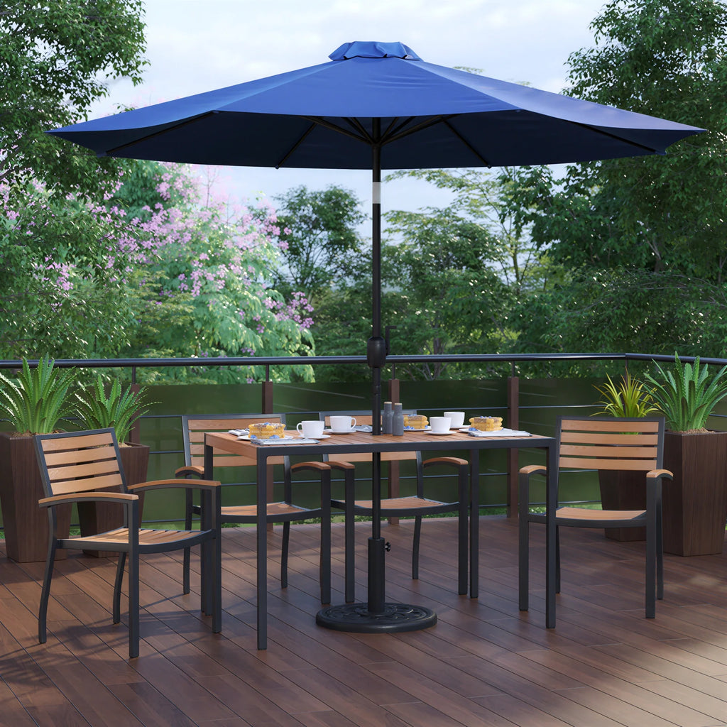 Flash Furniture XU-DG-304860064-UB19BNV-GG Patio Dining Table Set with 4 Stacking Chairs, Rectangular Synthetic Teak Table, Navy Umbrella and Base