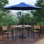 Flash Furniture XU-DG-304860064-UB19BNV-GG Patio Dining Table Set with 4 Stacking Chairs, Rectangular Synthetic Teak Table, Navy Umbrella and Base