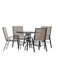 Flash Furniture TLH-073A2303C-BN-GG 5-Piece Outdoor Patio Dining Set with Square Tempered Glass Table and 4 Brown Stack Chairs