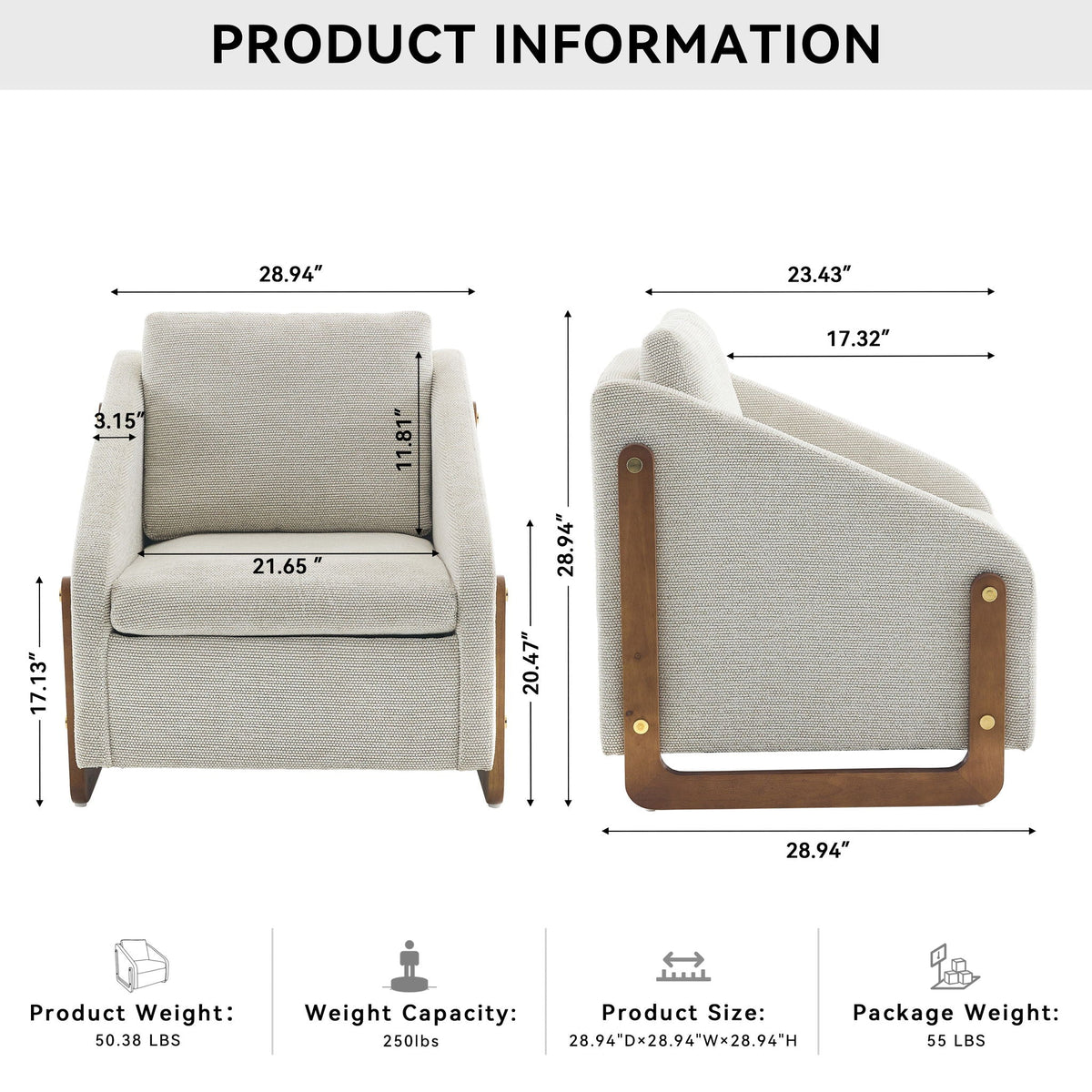 Modern Upholstered Armchair with Wooden Side Frame - Beige, Dark Gray, Blue