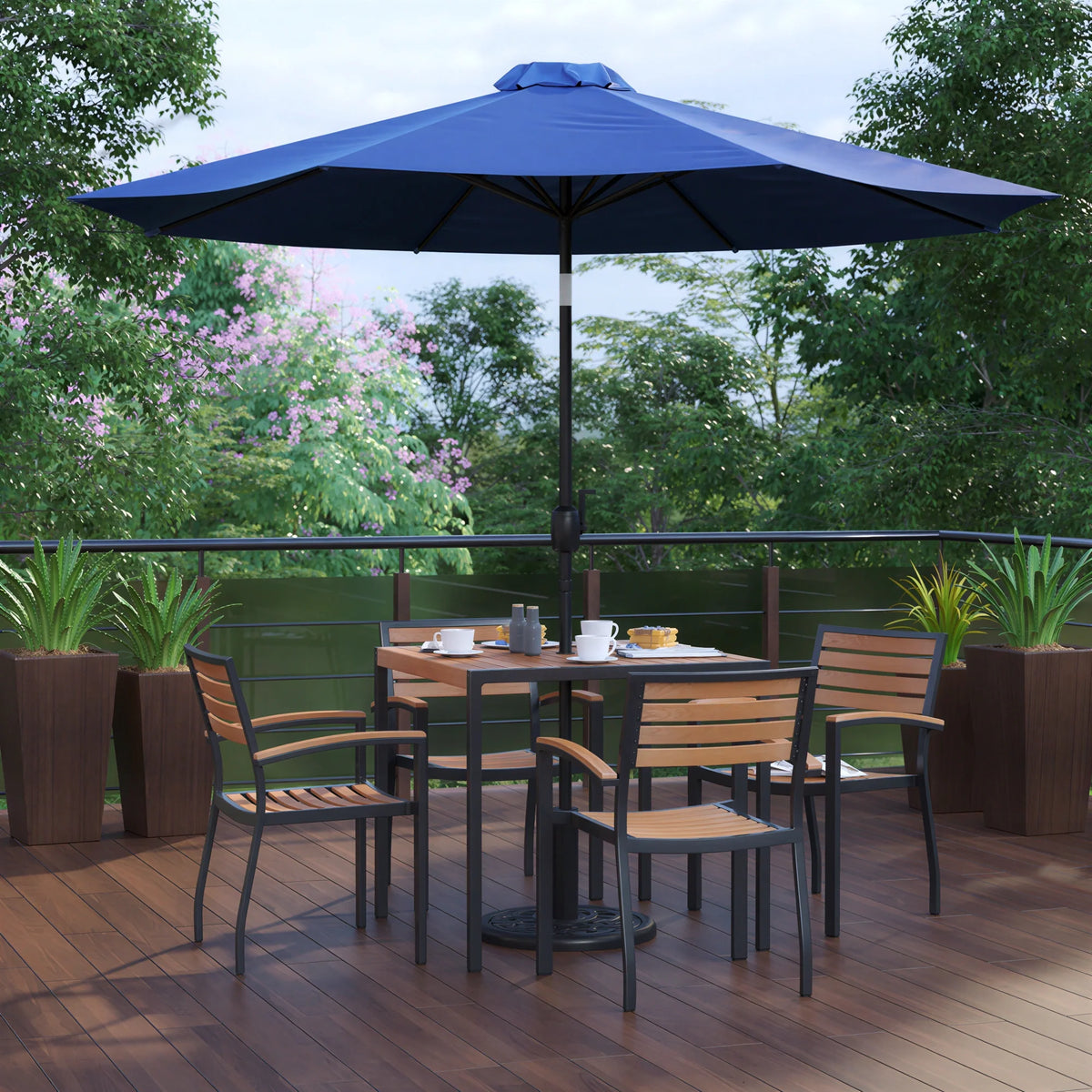 Flash Furniture XU-DG-810060064-UB19BNV-GG 35" Square Patio Dining Table Set with 4 Chairs, Synthetic Teak Top, Navy Umbrella & Base