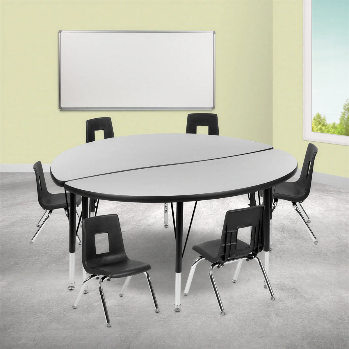 Flash Furniture Emmy XU-GRP-12CH-A48-HCIRC-GY-T-P-GG Round Activity Table and 6 Stack Chairs, 48", Adjustable Height, Gray/Black