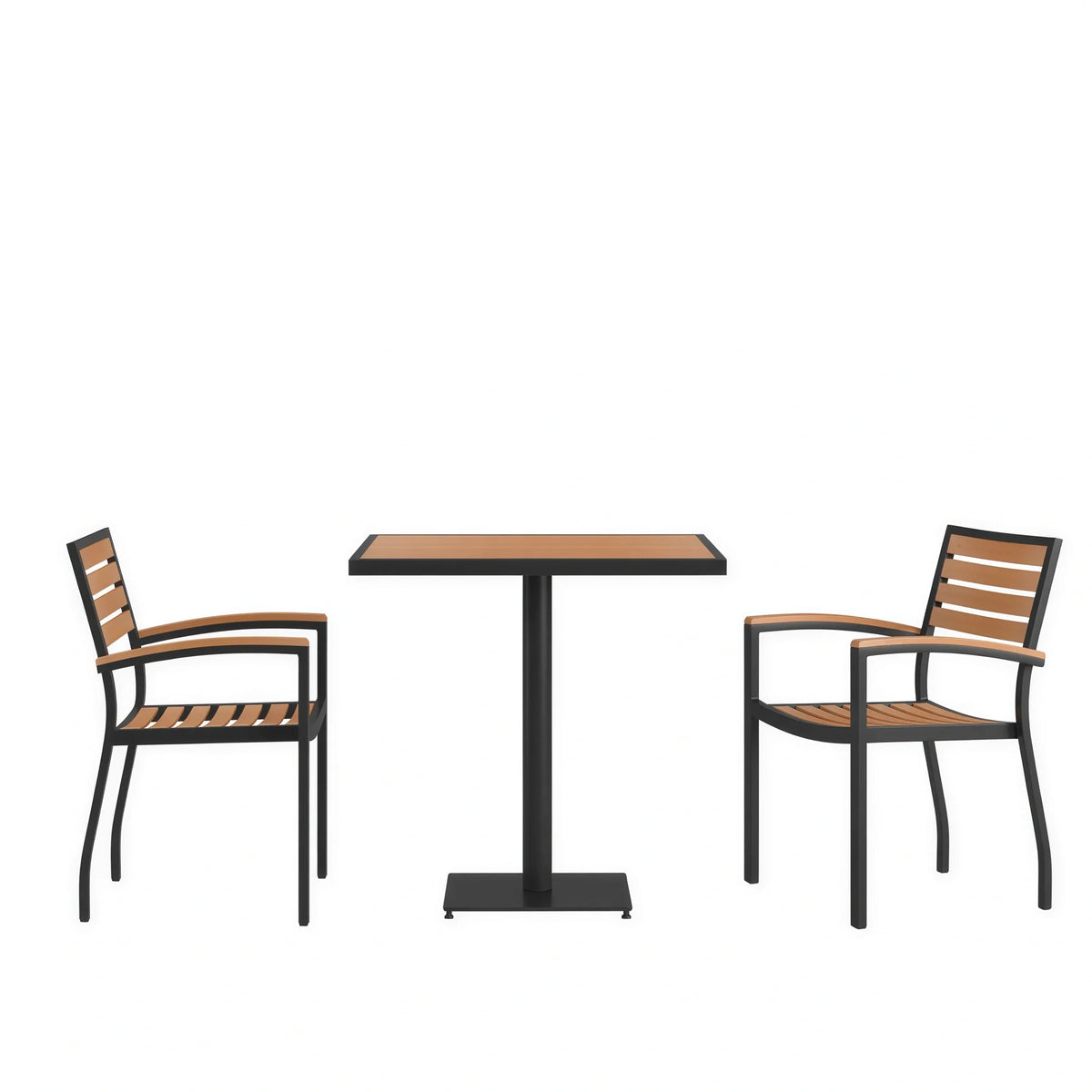 Flash Furniture XU-DG-104560062-GG 30" Square Poly-Slatted Faux Teak Patio Dining Table Set with 2 Stacking Chairs