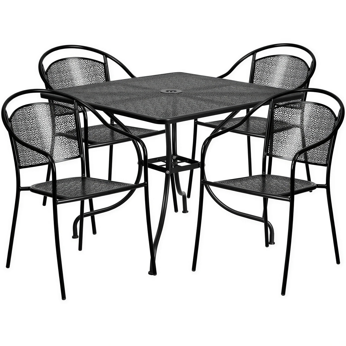 Flash Furniture CO-35SQ-03CHR4-BK-GG Square Patio Table Set with 35-1/2" Table and 4 Black Stacking Arm Chairs