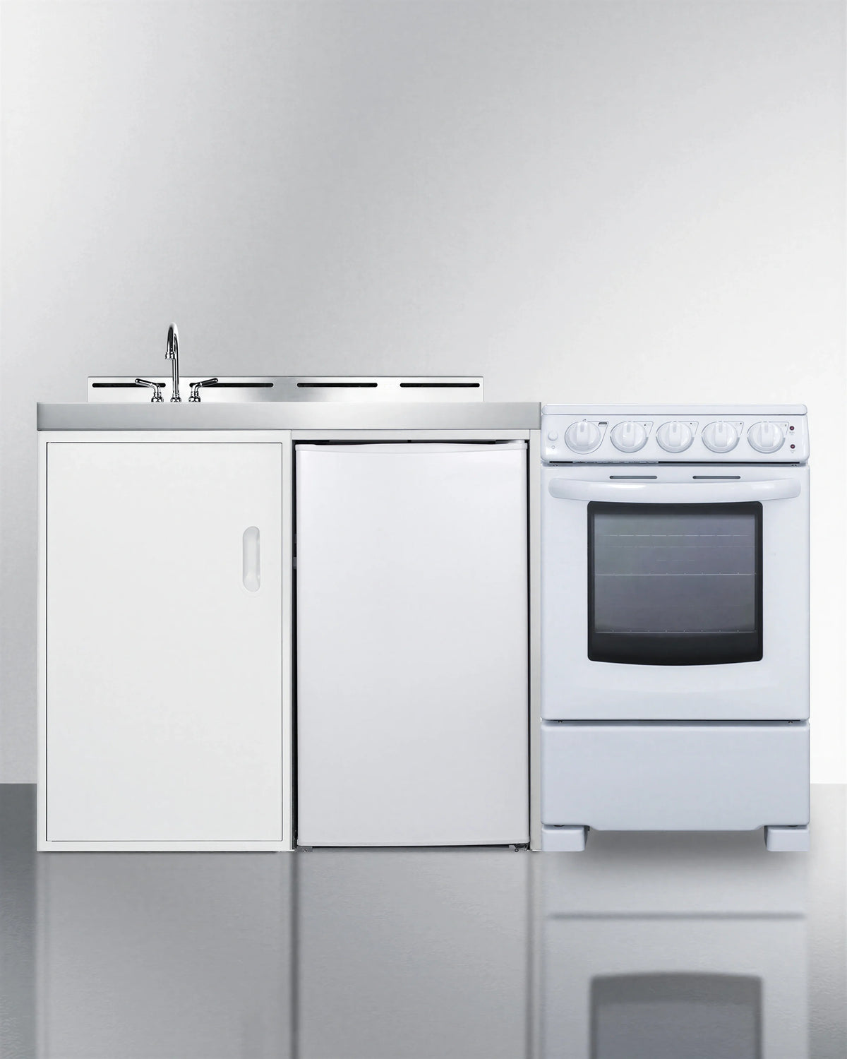 Summit Commercial ACK60ELSTW 58.88-Inch All-in-One Kitchenette with 4-Burner Electric Range, Refrigerator-Freezer, Sink and Storage