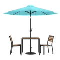 Flash Furniture XU-DG-810060362-UB19BTL-GG Patio Dining Table Set, 35" Square Synthetic Teak Table with Teal Umbrella, Base & 2 Chairs