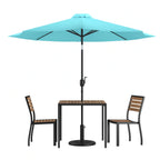 Flash Furniture XU-DG-810060362-UB19BTL-GG Patio Dining Table Set, 35" Square Synthetic Teak Table with Teal Umbrella, Base & 2 Chairs