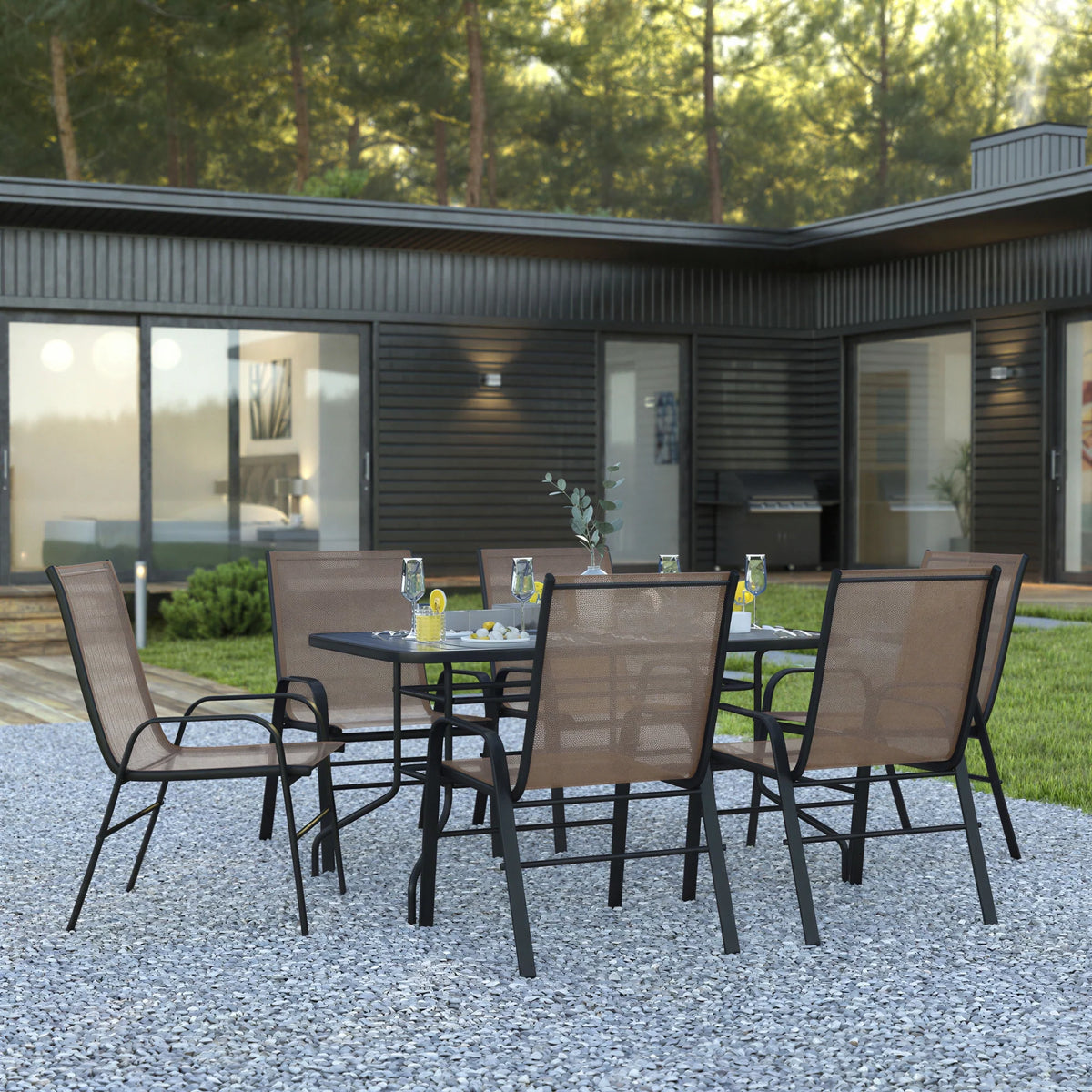 Flash Furniture TLH-089REC-303CBN6-GG 7-Piece Outdoor Patio Dining Set with 55-Inch Tempered Glass Table and 6 Brown Stack Chairs