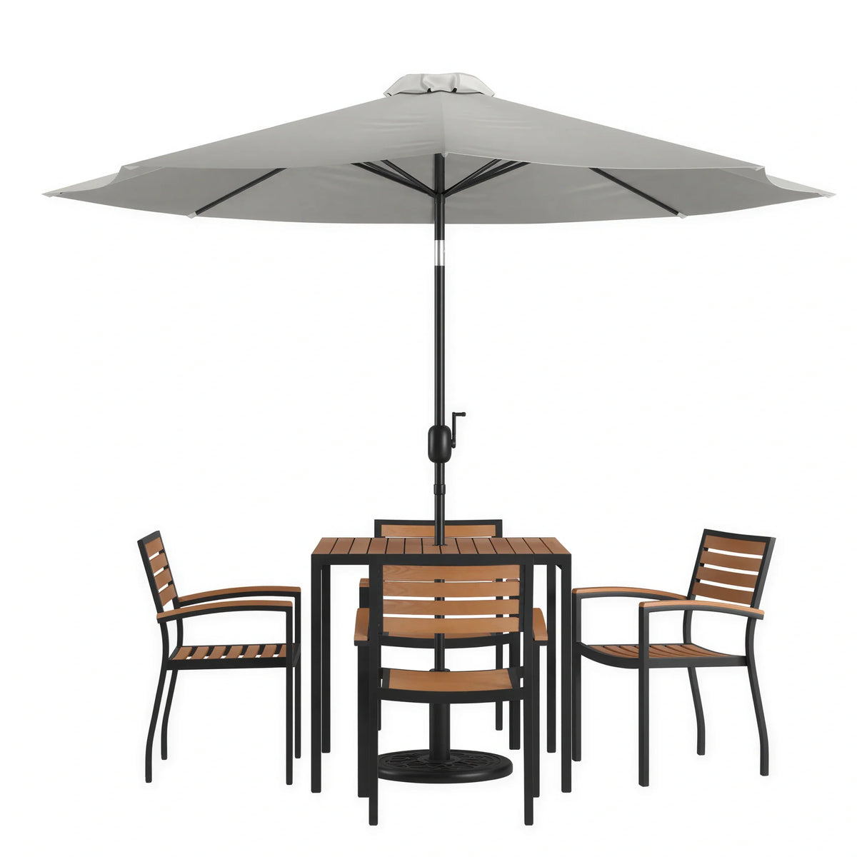Flash Furniture XU-DG-810060064-UB19BGY-GG 35" Square Patio Dining Table Set with Umbrella, Base and 4 Stacking Chairs