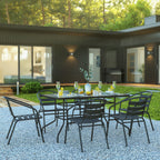 Flash Furniture TLH-089REC-017CBK6-GG 7-Piece Patio Dining Set with 55-Inch Tempered Glass Table and 6 Black Aluminum Slat Stack Chairs