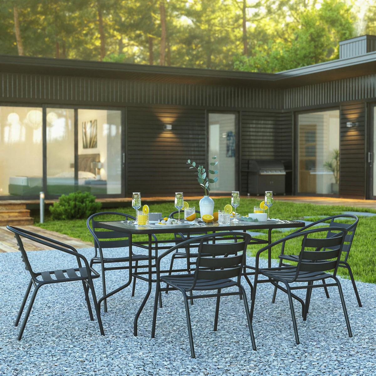 Flash Furniture TLH-089REC-017CBK6-GG 7-Piece Patio Dining Set with 55-Inch Tempered Glass Table and 6 Black Aluminum Slat Stack Chairs