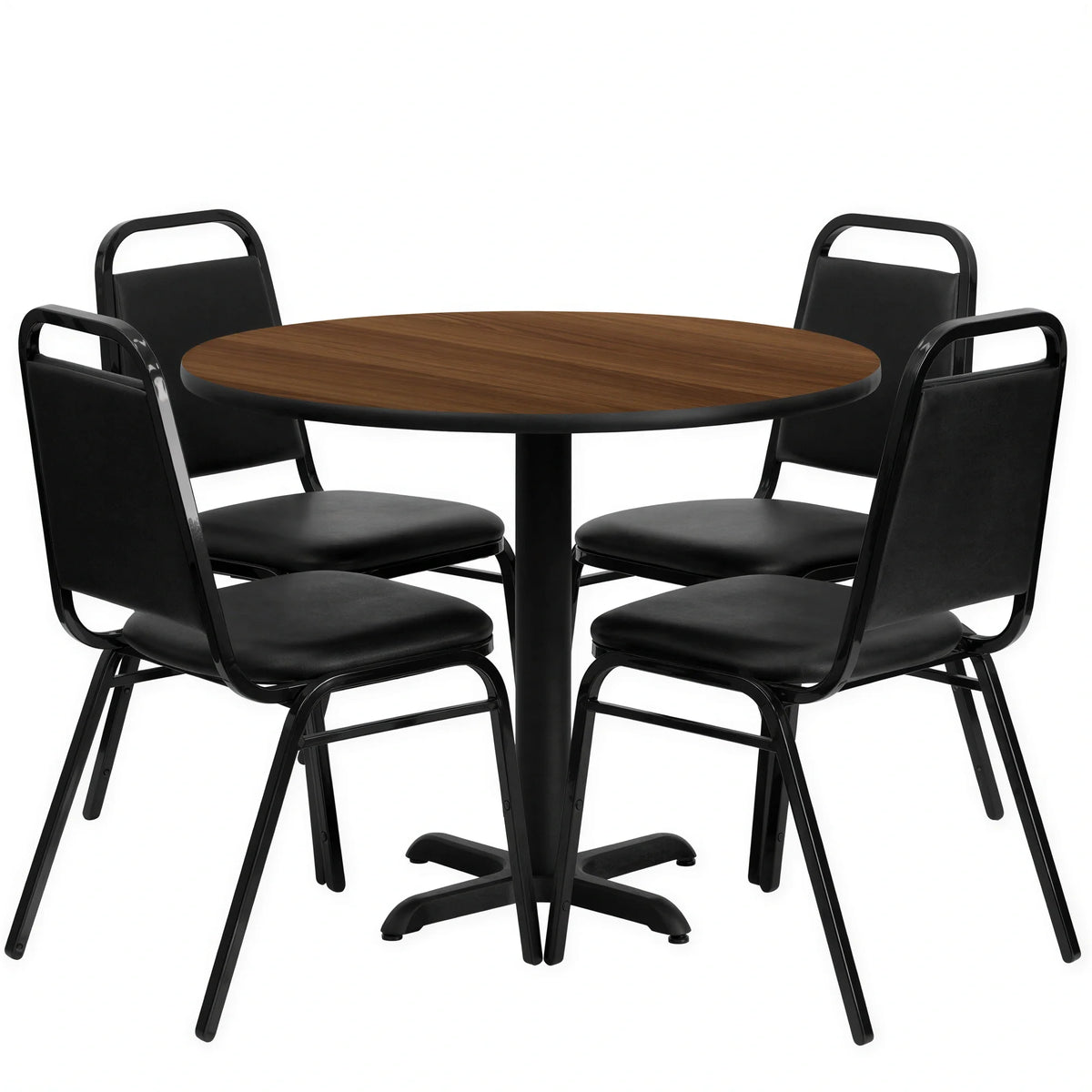 Flash Furniture HDBF1004-GG Round 36" Table and 4 Banquet Chairs, 30"H, Walnut Laminate, Black Frames