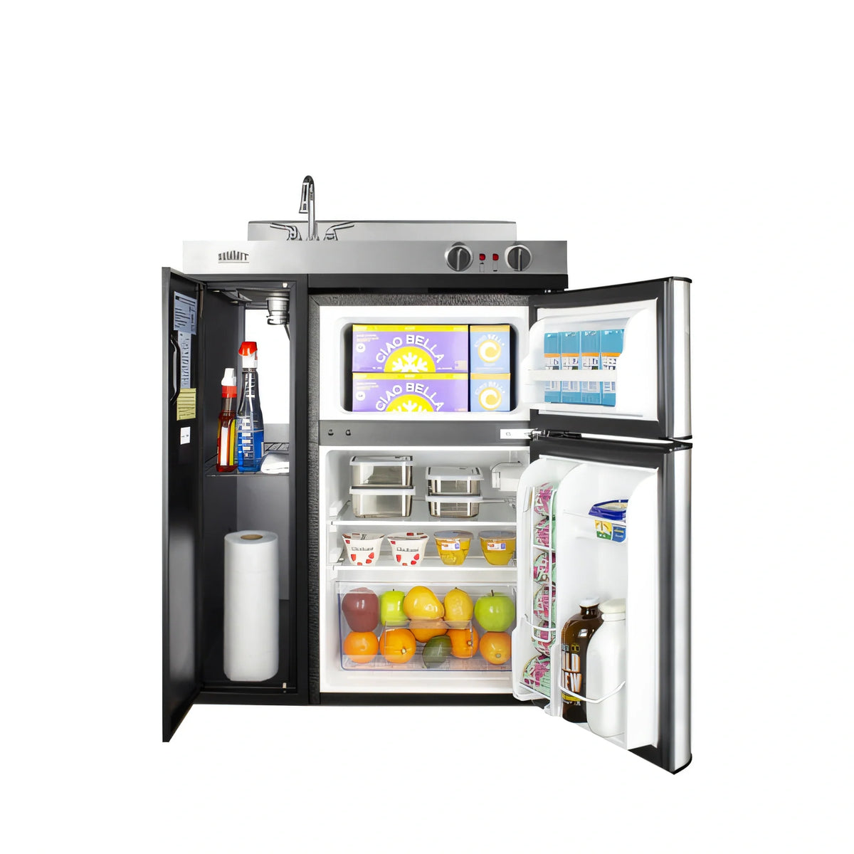 Summit Commercial C30ELBK 30-Inch Freestanding All-in-One Kitchenette with 2-Burner Coil Cooktop, Sink, Storage, and 3.2 Cu. Ft. Refrigerator-Freezer