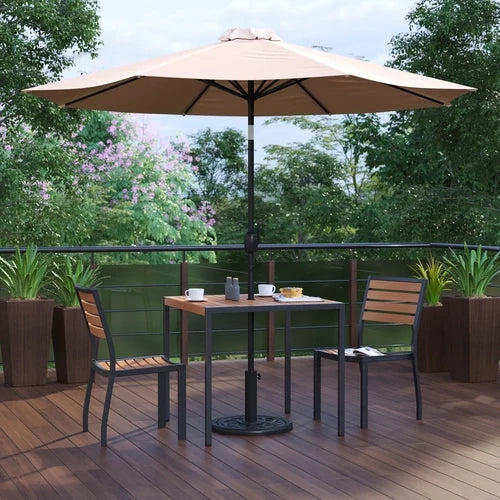 Flash Furniture XU-DG-810060362-UB19BTN-GG 35" Square Patio Dining Table Set with Tan Umbrella, Base and 2 Faux Teak Chairs