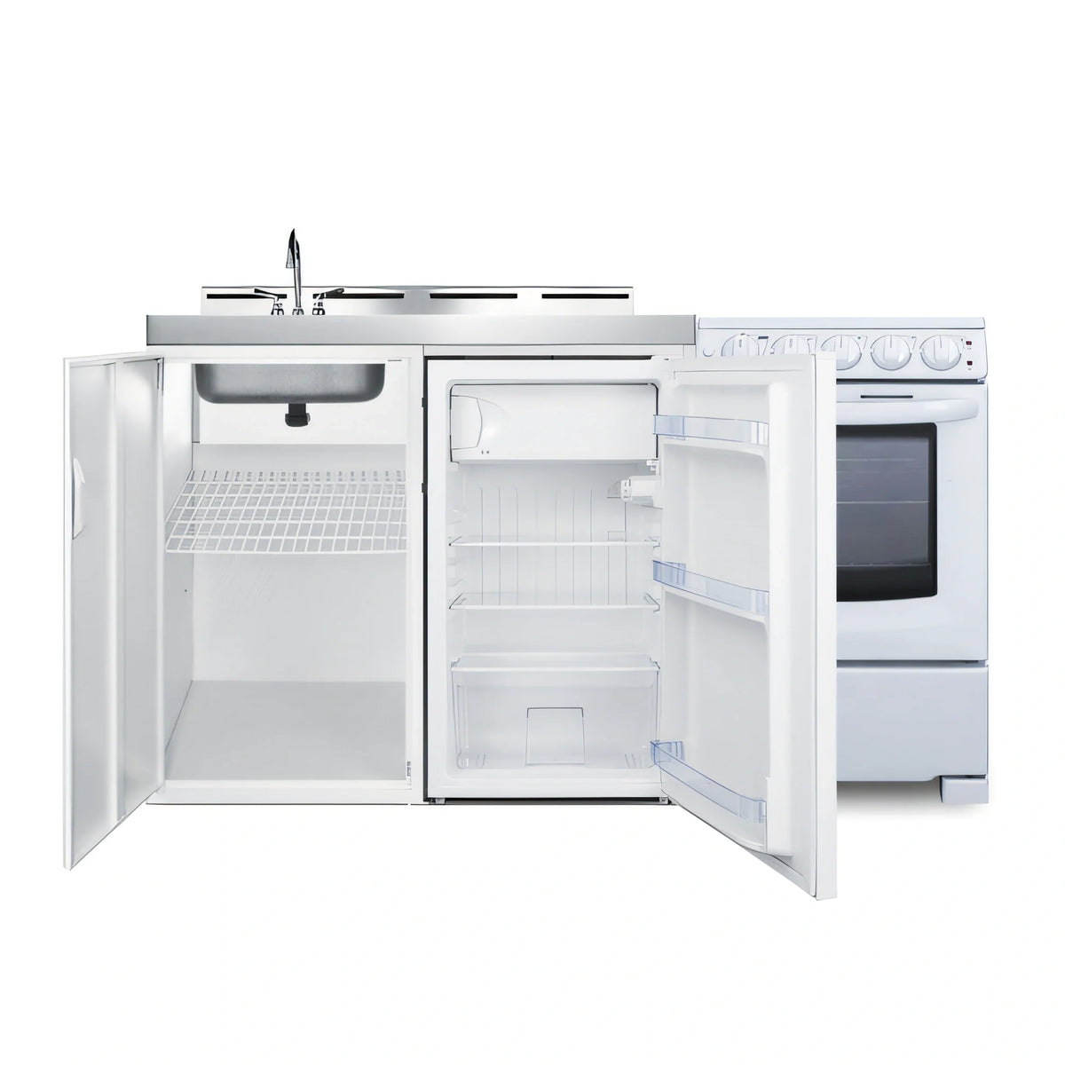 Summit Commercial ACK60ELSTW 58.88-Inch All-in-One Kitchenette with 4-Burner Electric Range, Refrigerator-Freezer, Sink and Storage
