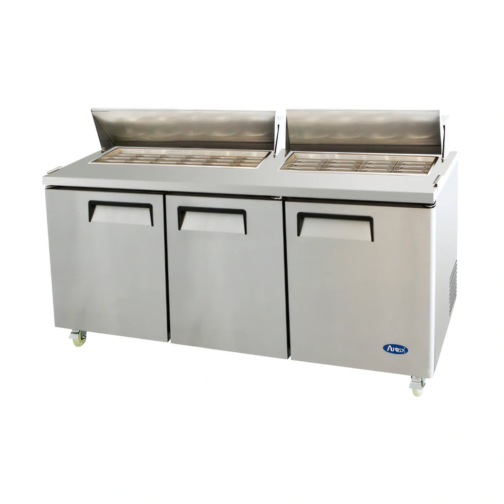 Atosa MSF8308GR Three-Section Mega Top Sandwich/Salad Prep Refrigerator, 72.7-Inch, 30-Pan, Rear-Mounted Self-Contained, Stainless Steel