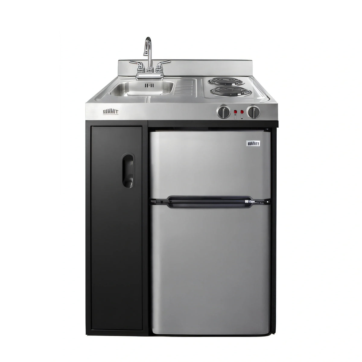 Summit Commercial C30ELBK 30-Inch Freestanding All-in-One Kitchenette with 2-Burner Coil Cooktop, Sink, Storage, and 3.2 Cu. Ft. Refrigerator-Freezer