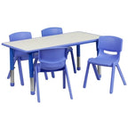 Flash Furniture Emmy YU-YCY-060-0034-RECT-TBL-BLUE-GG Preschool Rectangular Activity Table Set with 4 Stacking Chairs, Adjustable Height, Grey/Blue