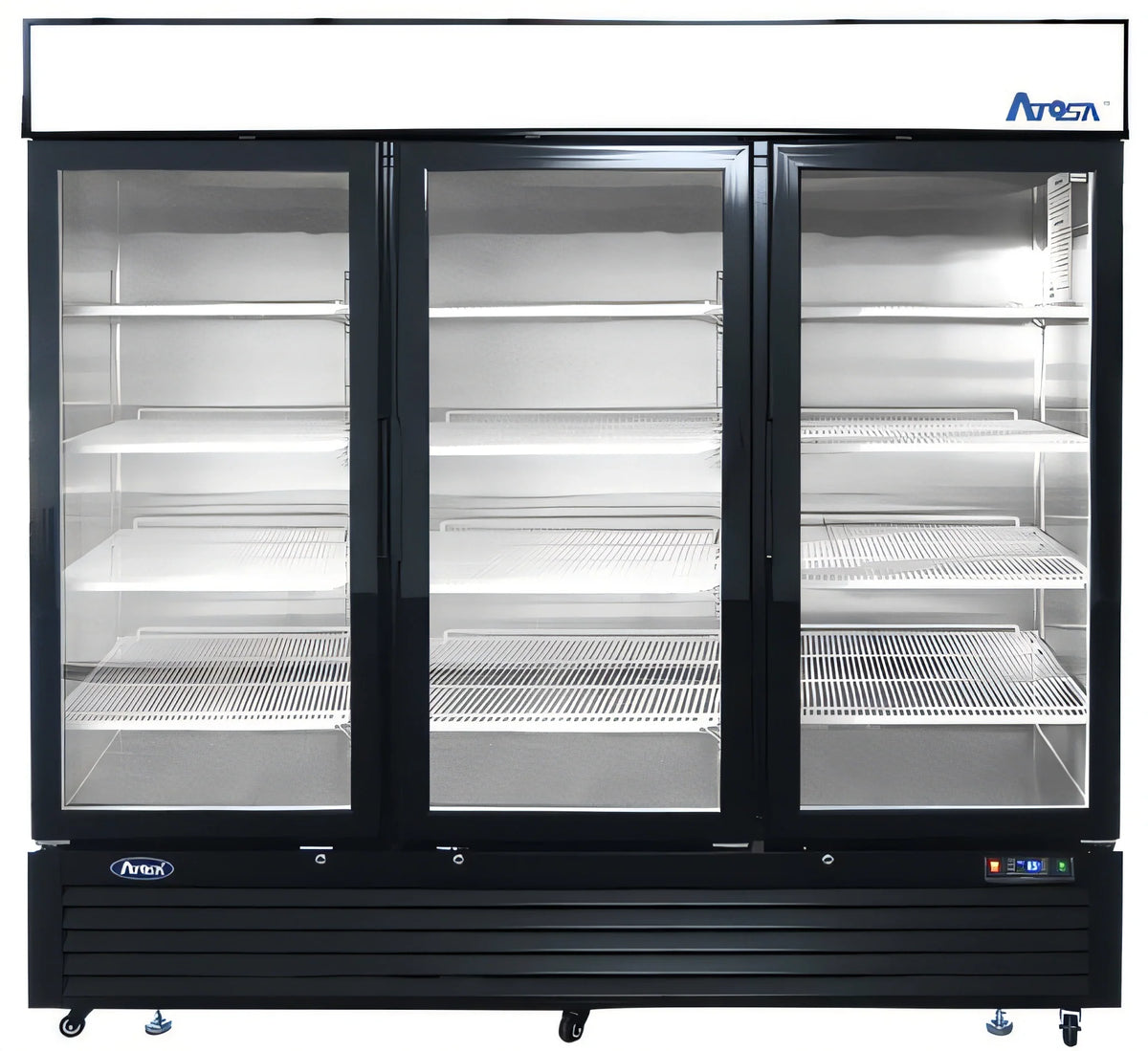 Atosa MCF8728GR Three-Section Glass Door Freezer Merchandiser, 68 Cu. Ft., Bottom-Mount Self-Contained, Black Exterior