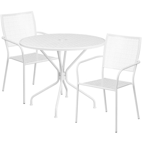 Flash Furniture CO-35RD-02CHR2-WH-GG Round Patio Table Set with 35-1/4" Table and 2 White Stacking Arm Chairs